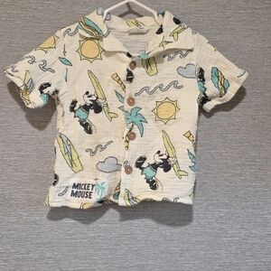 Mickey Mouse Kids Surf Print Button Down Shirt - Cream